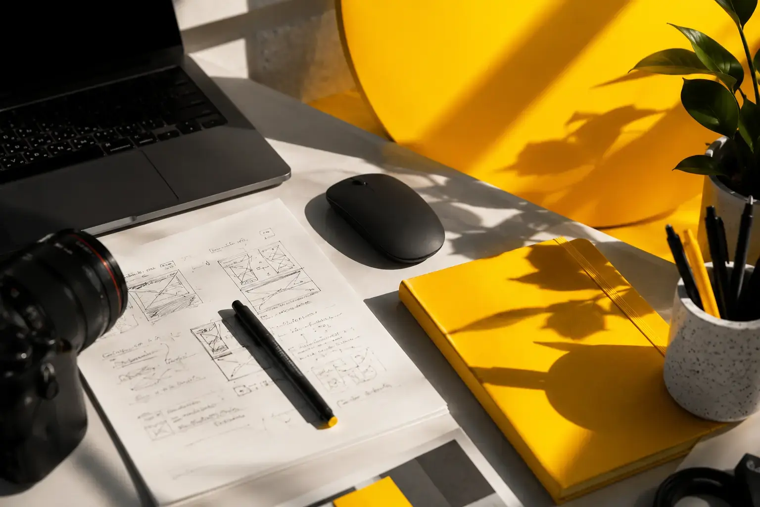 Arbeitsplatz mit Laptop, Skizzen und Notizbuch
